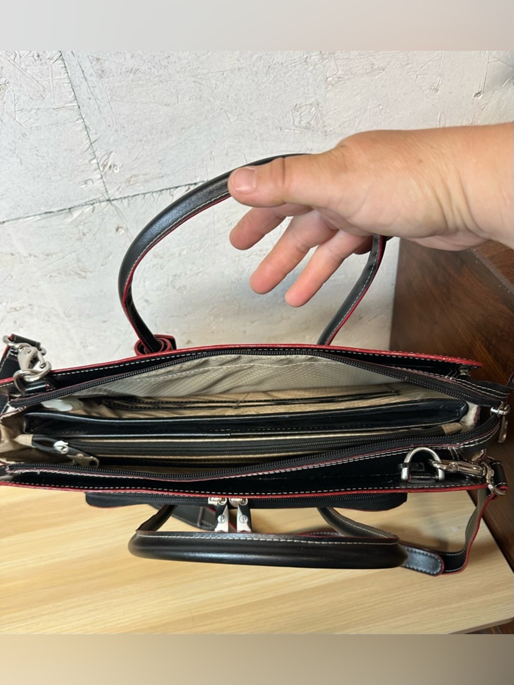McLain Lake Forest Italian Leather womans Briefcase  black and red lined. - Picture 4 of 7